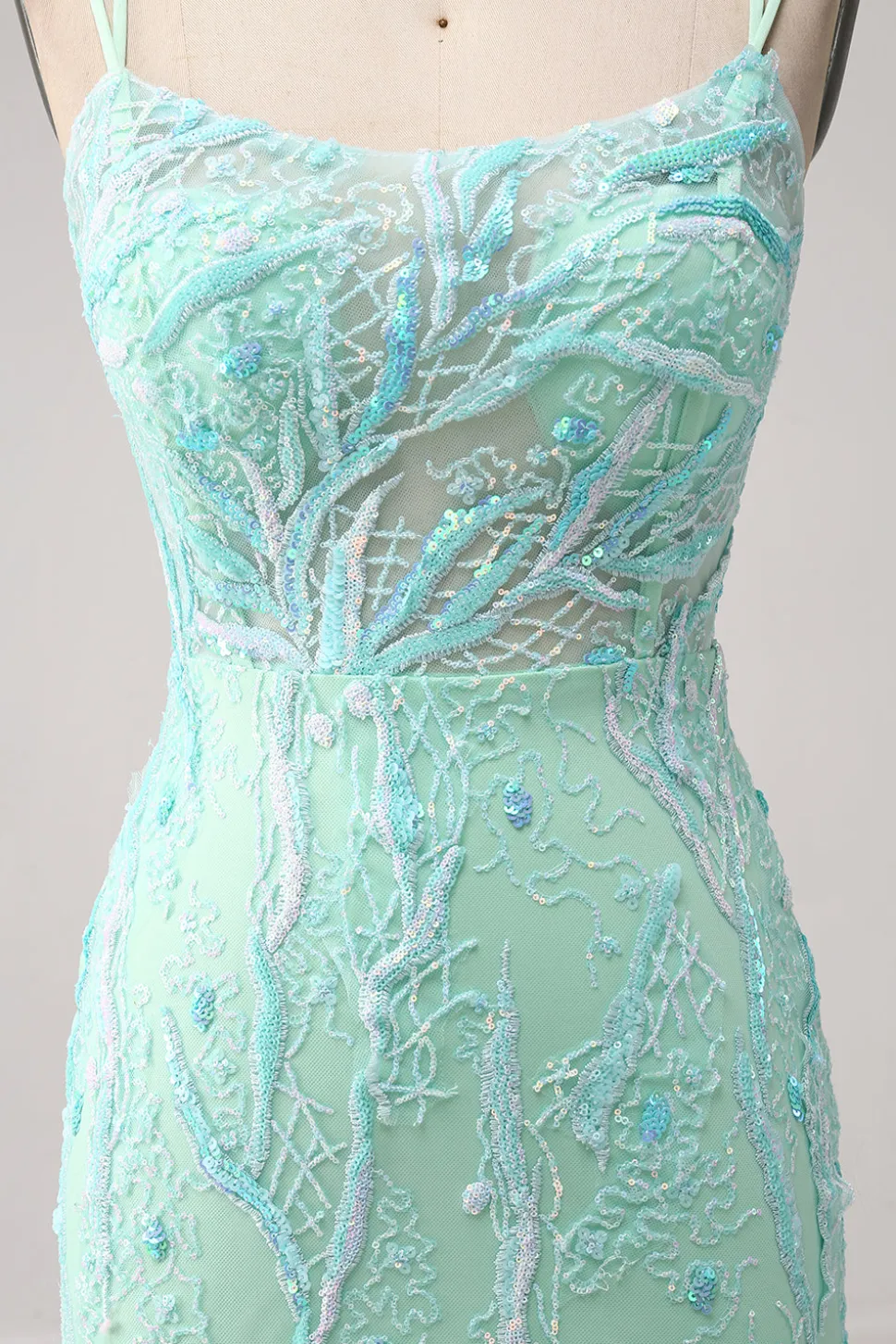 Sereia Verde Esparguete Correias Sequins Long Prom Dress com Fenda