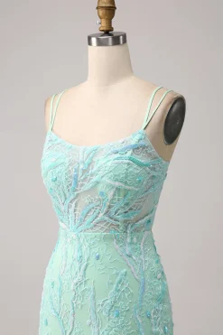Sereia Verde Esparguete Correias Sequins Long Prom Dress com Fenda