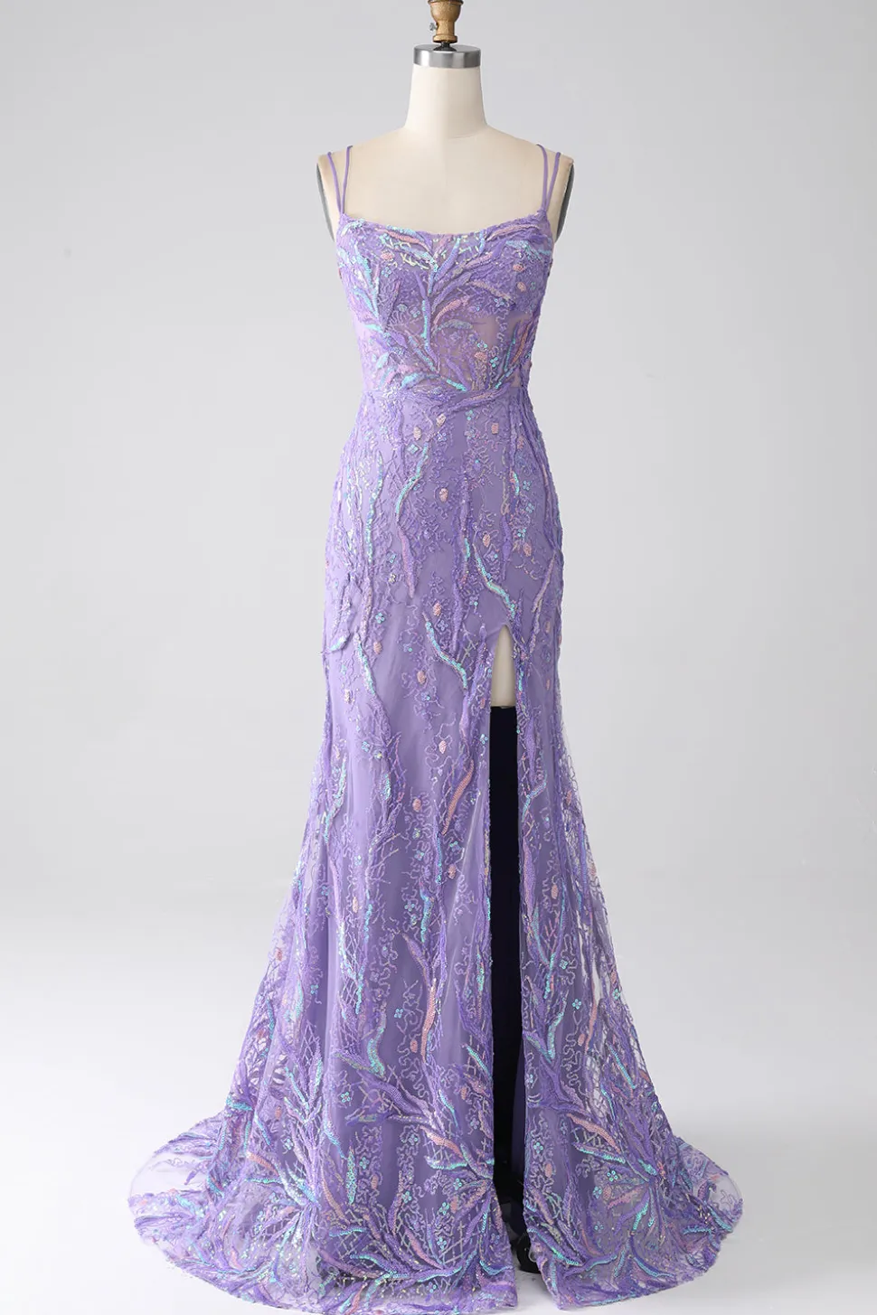 Sereia Verde Esparguete Correias Sequins Long Prom Dress com Fenda
