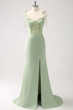 Sereia Verde Esparguete Correias Cetim Long Vestido de Madrinha com Fenda