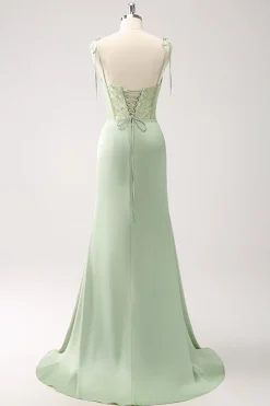 Sereia Verde Esparguete Correias Cetim Long Vestido de Madrinha com Fenda