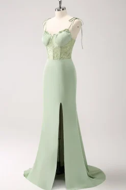 Sereia Verde Esparguete Correias Cetim Long Vestido de Madrinha com Fenda