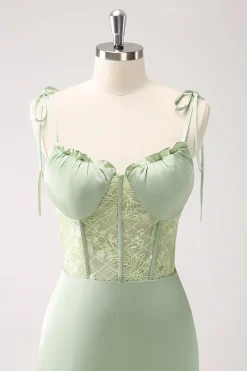 Sereia Verde Esparguete Correias Cetim Long Vestido de Madrinha com Fenda