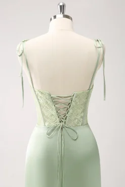 Sereia Verde Esparguete Correias Cetim Long Vestido de Madrinha com Fenda