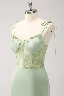 Sereia Verde Esparguete Correias Cetim Long Vestido de Madrinha com Fenda