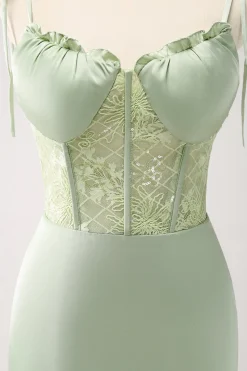 Sereia Verde Esparguete Correias Cetim Long Vestido de Madrinha com Fenda