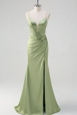 Sereia Verde Esparguete Correias Corset Long Beaded Prom Dress With Slit