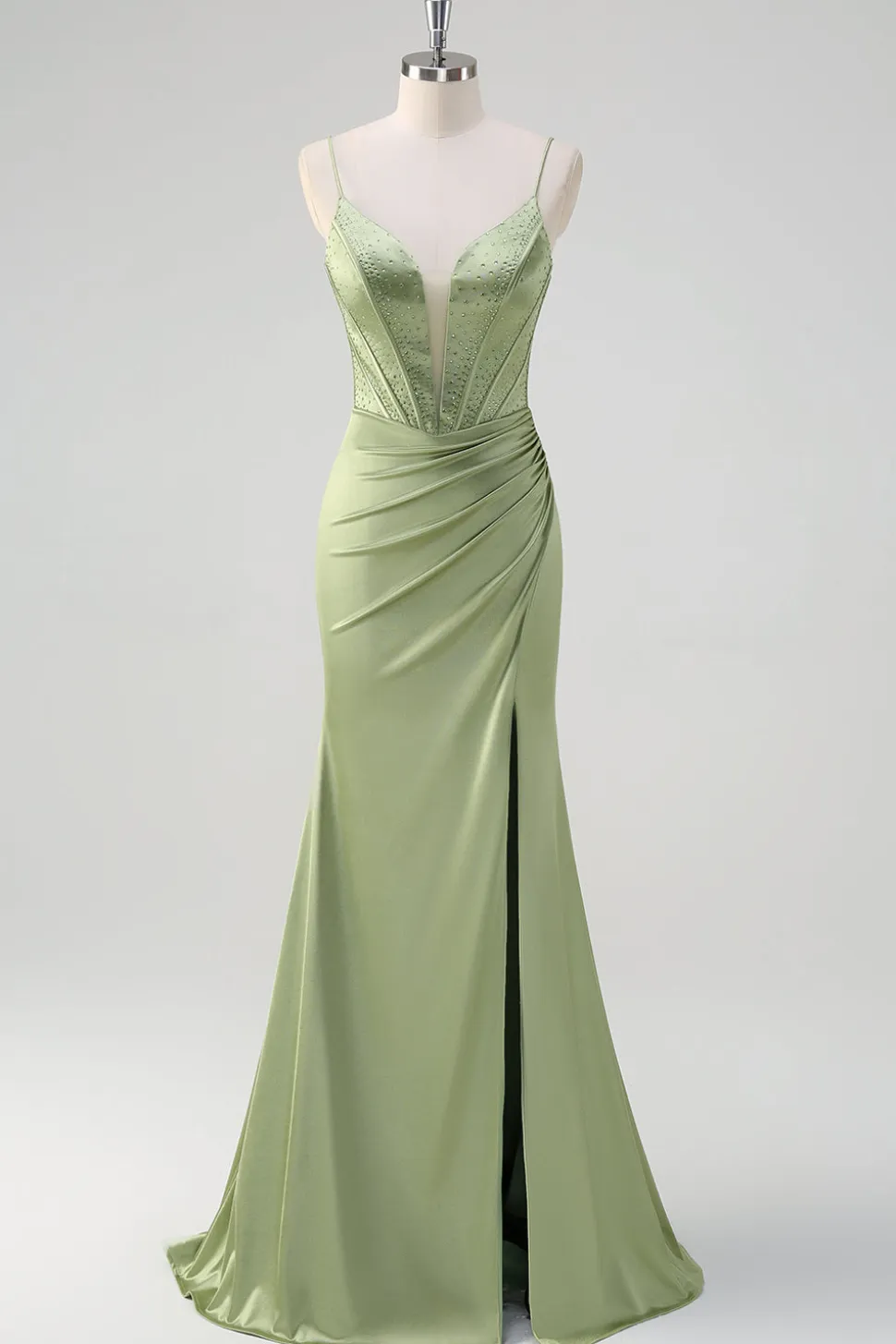 Sereia Verde Esparguete Correias Corset Long Beaded Prom Dress With Slit