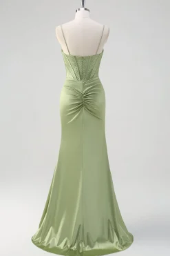 Sereia Verde Esparguete Correias Corset Long Beaded Prom Dress With Slit