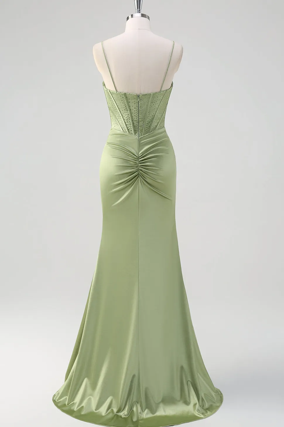 Sereia Verde Esparguete Correias Corset Long Beaded Prom Dress With Slit