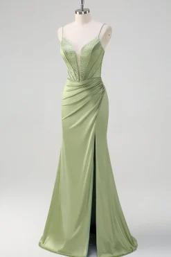 Sereia Verde Esparguete Correias Corset Long Beaded Prom Dress With Slit