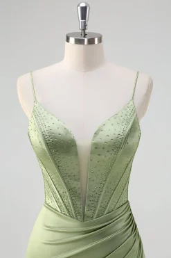 Sereia Verde Esparguete Correias Corset Long Beaded Prom Dress With Slit