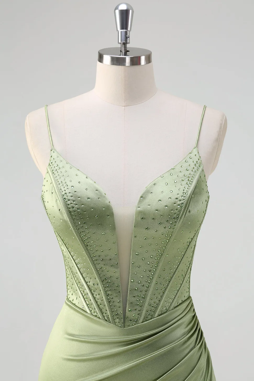 Sereia Verde Esparguete Correias Corset Long Beaded Prom Dress With Slit