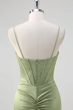 Sereia Verde Esparguete Correias Corset Long Beaded Prom Dress With Slit