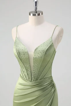 Sereia Verde Esparguete Correias Corset Long Beaded Prom Dress With Slit