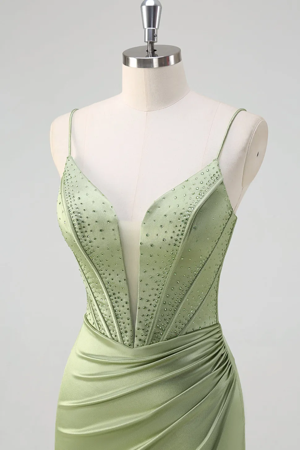 Sereia Verde Esparguete Correias Corset Long Beaded Prom Dress With Slit