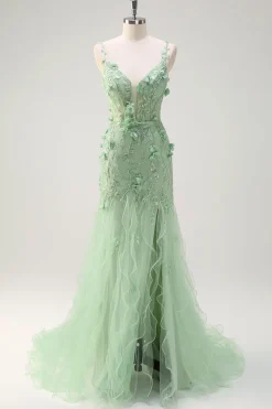 Sereia Verde Esparguete Correias 3D Flores Longo Vestido de Baile com Fenda