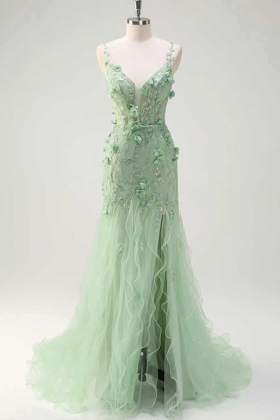 Sereia Verde Esparguete Correias 3D Flores Longo Vestido de Baile com Fenda