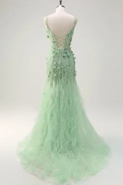 Sereia Verde Esparguete Correias 3D Flores Longo Vestido de Baile com Fenda