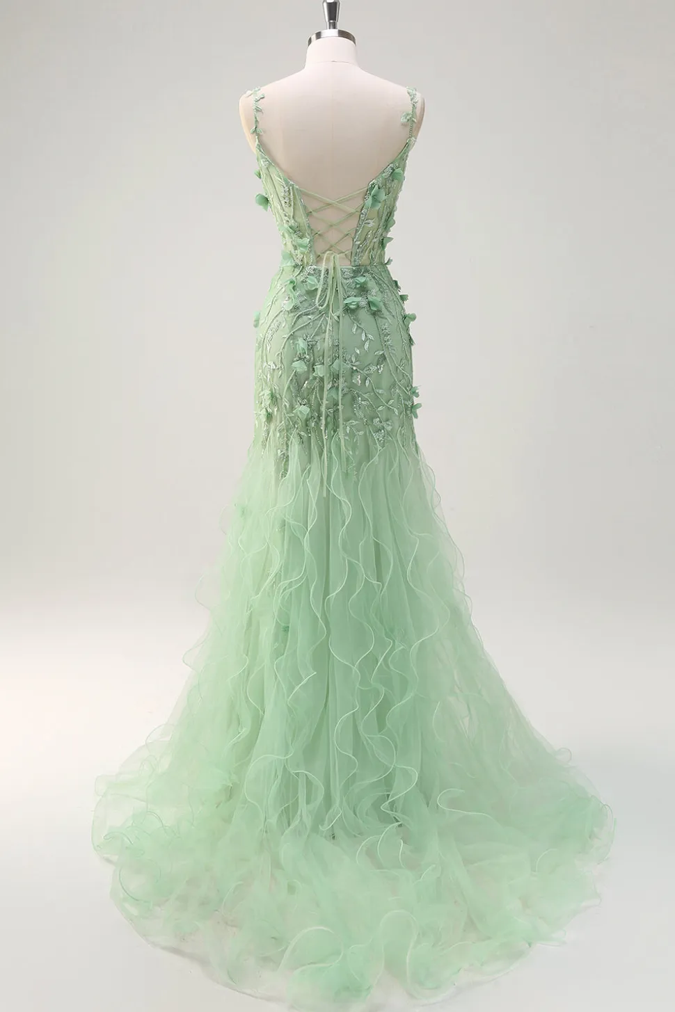 Sereia Verde Esparguete Correias 3D Flores Longo Vestido de Baile com Fenda
