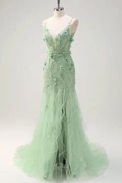 Sereia Verde Esparguete Correias 3D Flores Longo Vestido de Baile com Fenda