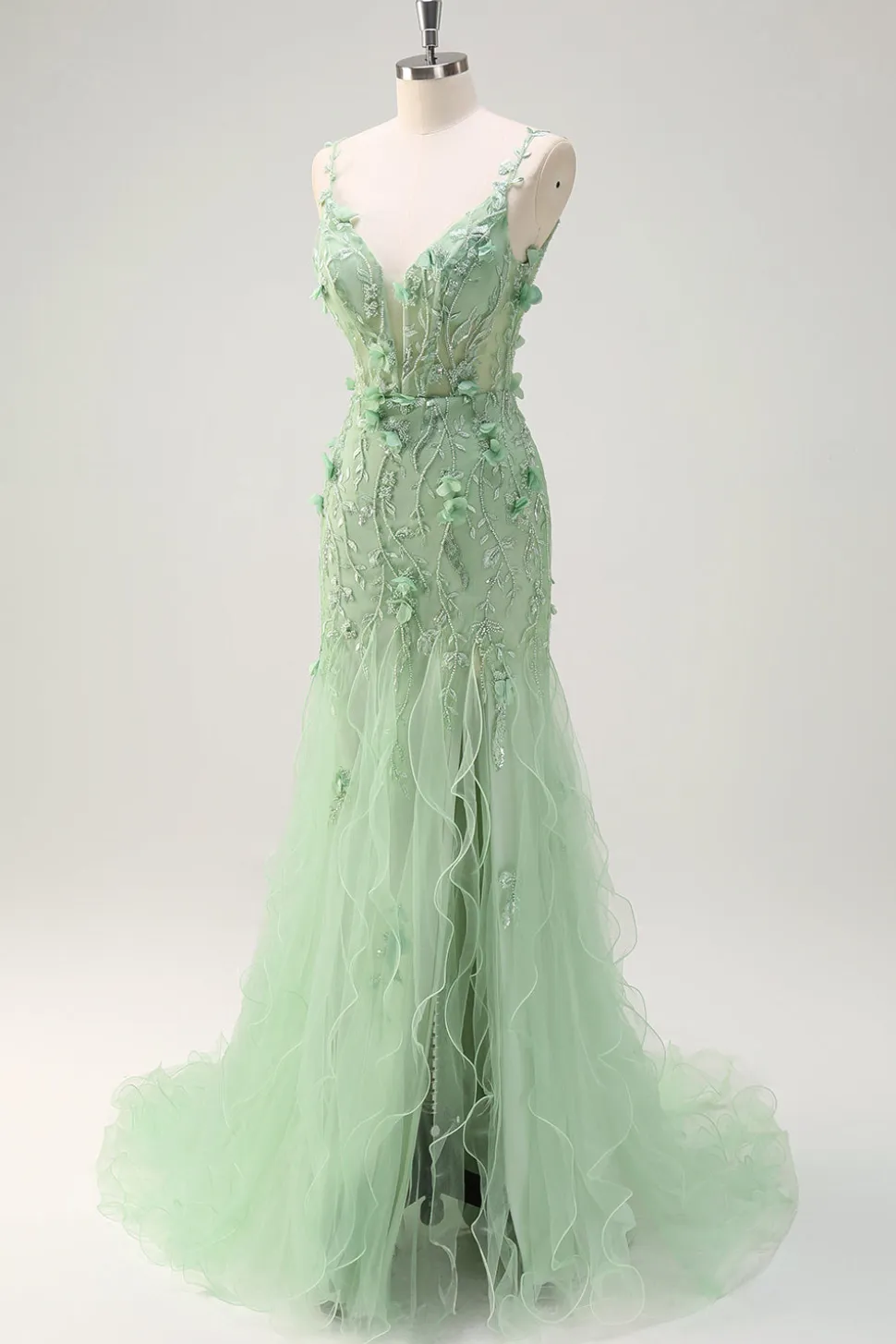 Sereia Verde Esparguete Correias 3D Flores Longo Vestido de Baile com Fenda