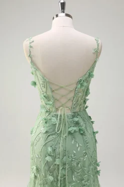 Sereia Verde Esparguete Correias 3D Flores Longo Vestido de Baile com Fenda
