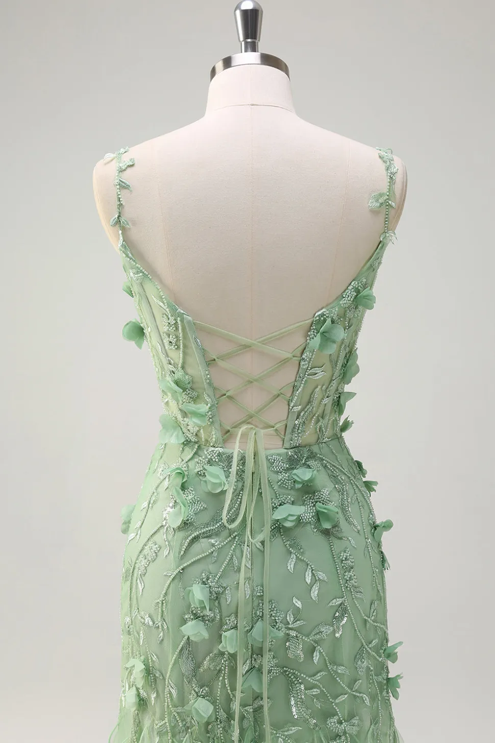 Sereia Verde Esparguete Correias 3D Flores Longo Vestido de Baile com Fenda