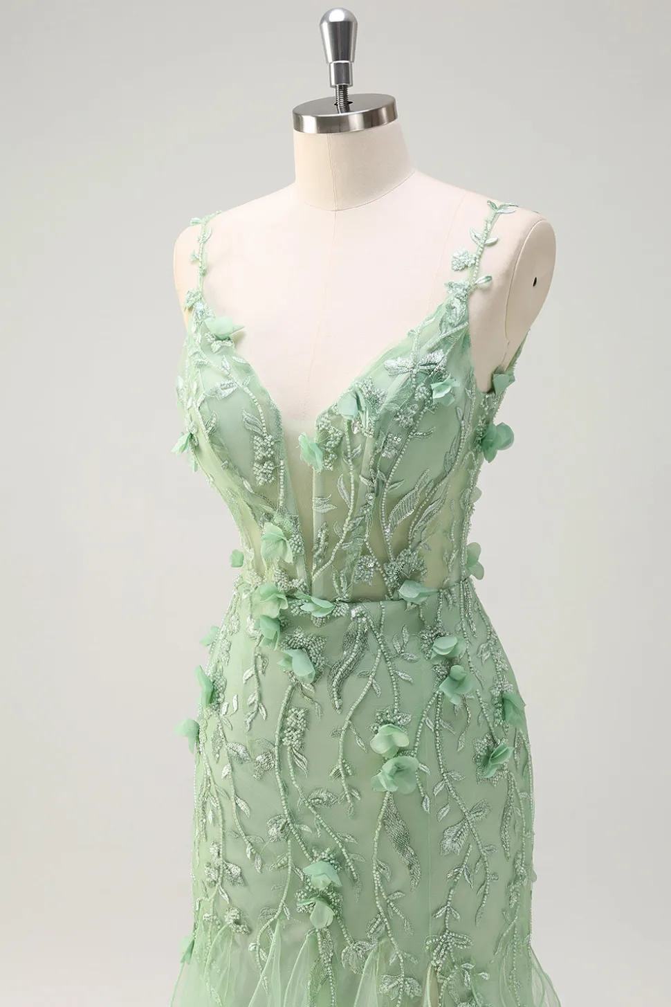 Sereia Verde Esparguete Correias 3D Flores Longo Vestido de Baile com Fenda