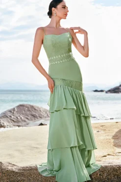 Sereia Verde Floral Chiffon Long babado vestido de dama de honra com renda