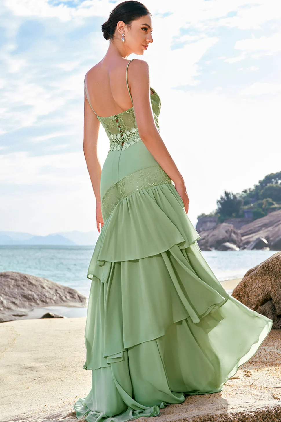 Sereia Verde Floral Chiffon Long babado vestido de dama de honra com renda