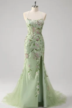 Sereia Verde Halter Corset Appliqued Long Prom Dress With Slit