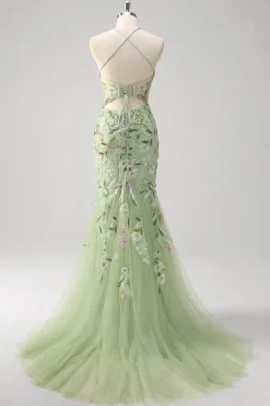 Sereia Verde Halter Corset Appliqued Long Prom Dress With Slit