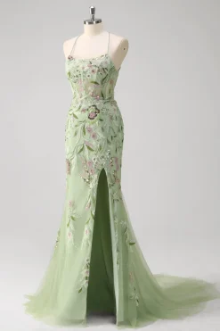 Sereia Verde Halter Corset Appliqued Long Prom Dress With Slit