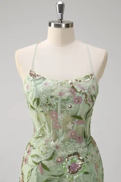 Sereia Verde Halter Corset Appliqued Long Prom Dress With Slit