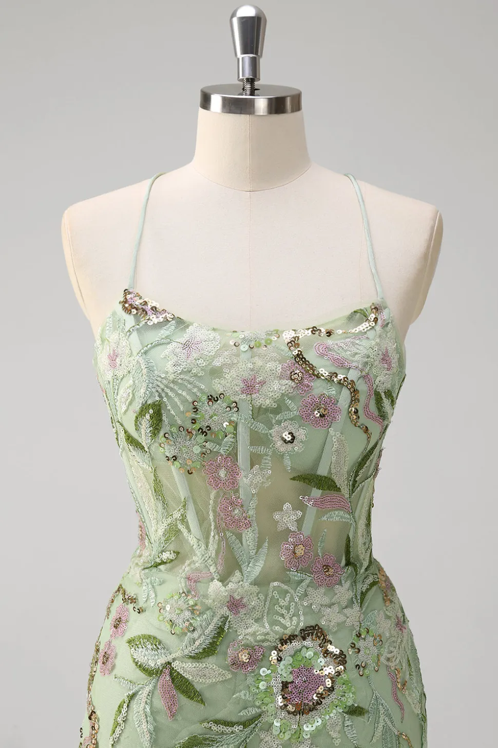 Sereia Verde Halter Corset Appliqued Long Prom Dress With Slit