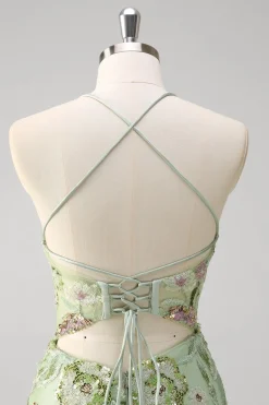 Sereia Verde Halter Corset Appliqued Long Prom Dress With Slit