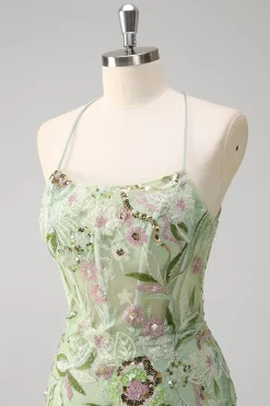 Sereia Verde Halter Corset Appliqued Long Prom Dress With Slit