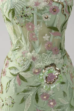 Sereia Verde Halter Corset Appliqued Long Prom Dress With Slit