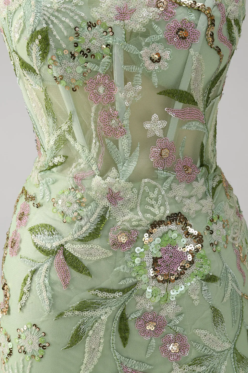Sereia Verde Halter Corset Appliqued Long Prom Dress With Slit