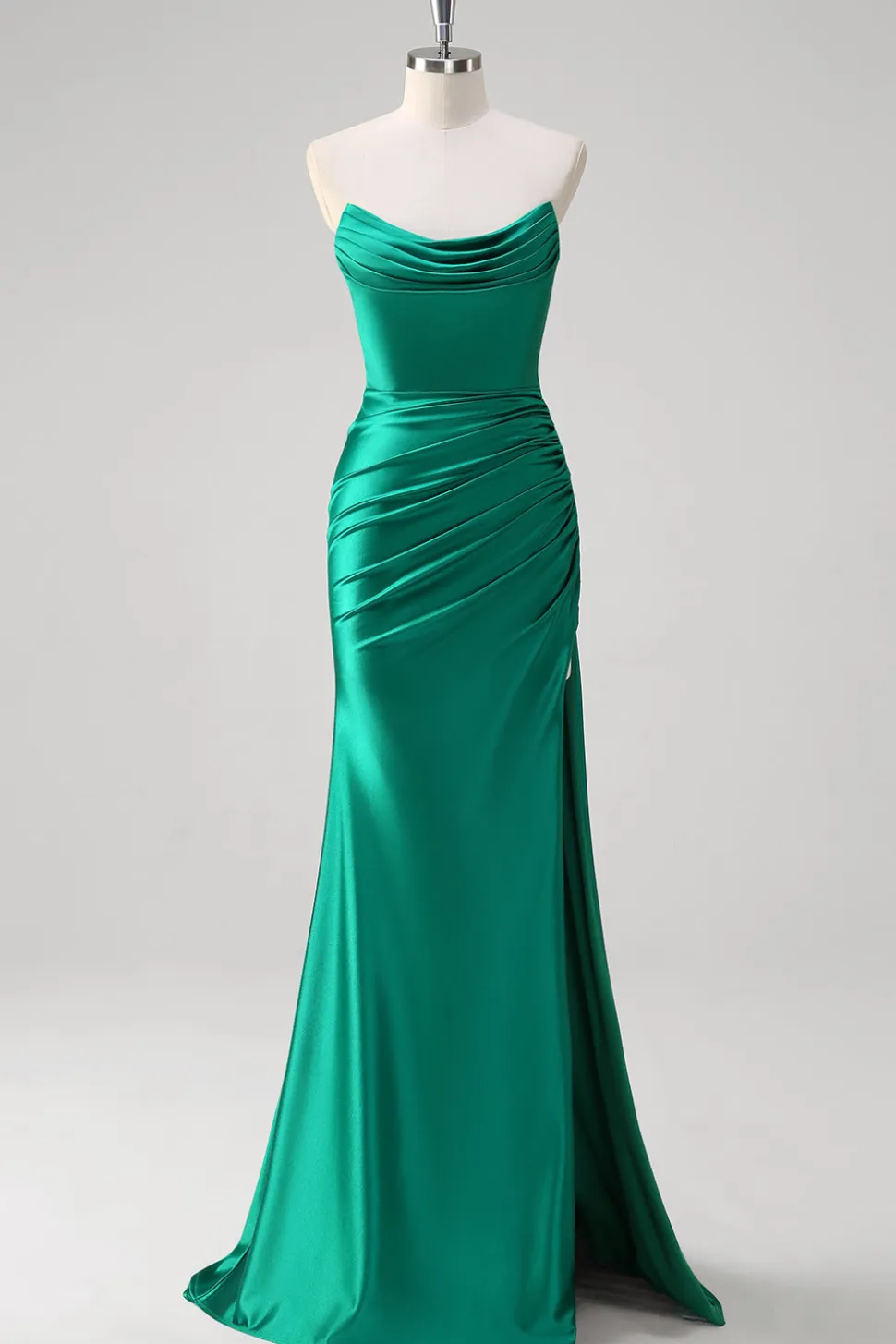 Sereia Verde Strapless cetim Ruched longo vestido de baile com fenda