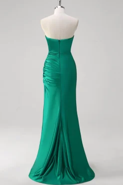 Sereia Verde Strapless cetim Ruched longo vestido de baile com fenda