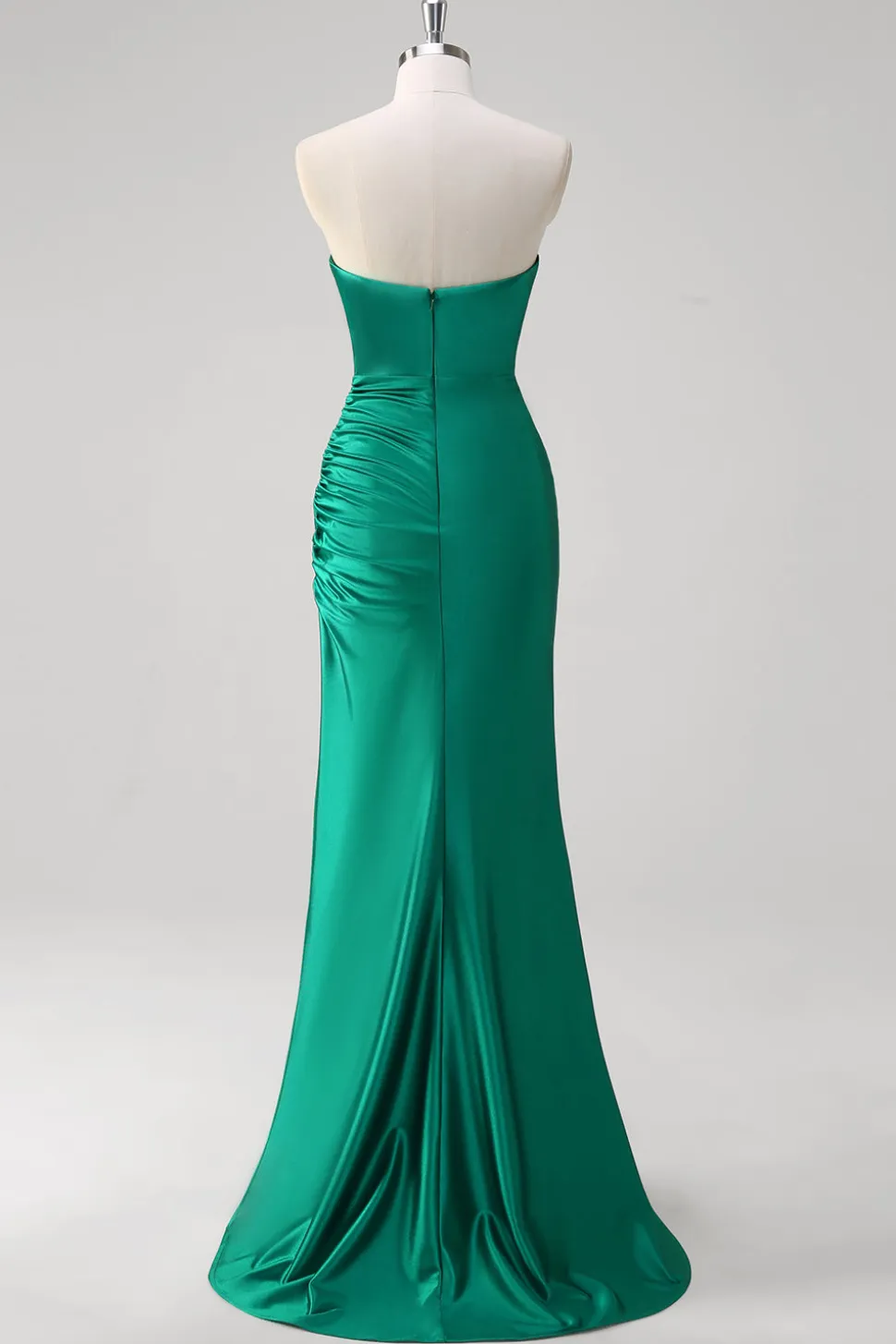 Sereia Verde Strapless cetim Ruched longo vestido de baile com fenda