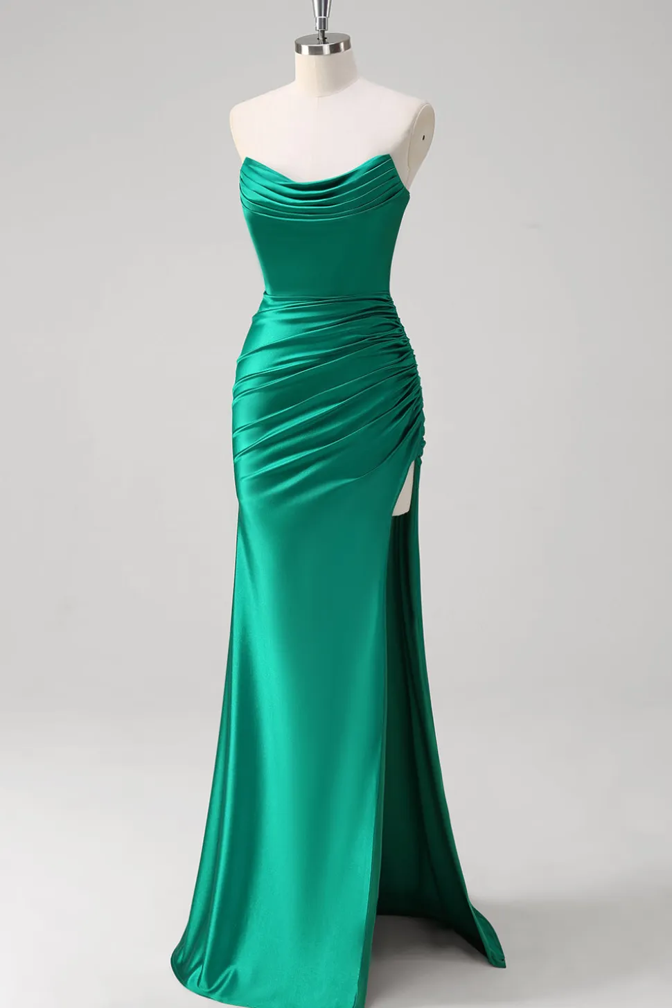 Sereia Verde Strapless cetim Ruched longo vestido de baile com fenda