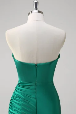 Sereia Verde Strapless cetim Ruched longo vestido de baile com fenda