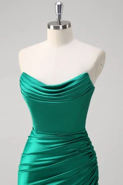 Sereia Verde Strapless cetim Ruched longo vestido de baile com fenda