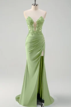 Sereia Verde Strapless Cut out Corset Long Prom Dress com Fenda