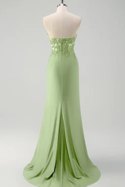 Sereia Verde Strapless Cut out Corset Long Prom Dress com Fenda