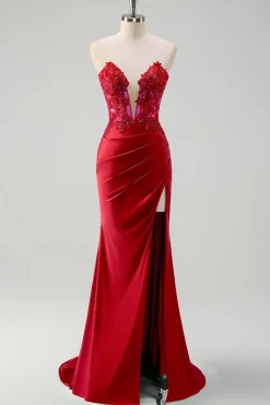 Sereia Verde Strapless Cut out Corset Long Prom Dress com Fenda