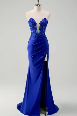 Sereia Verde Strapless Cut out Corset Long Prom Dress com Fenda
